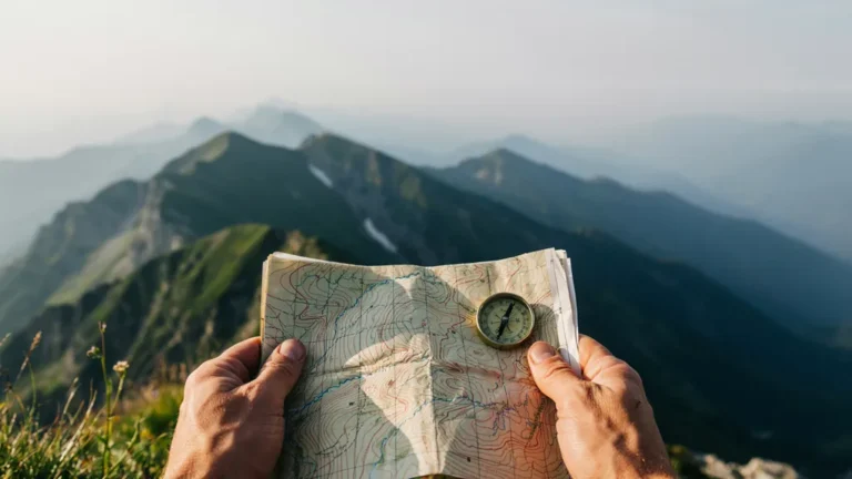 Hands holding a topographic map and compass at a mountain overlook