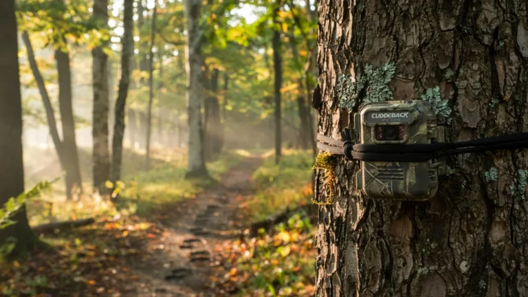 Trail camera strapped to a tree in a hardwood forest