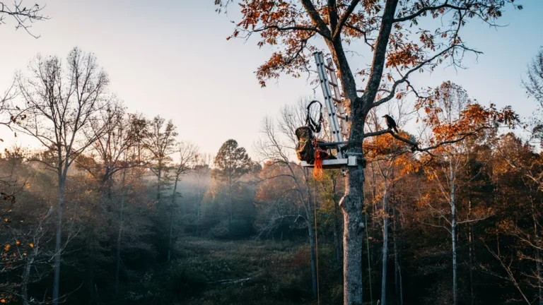 A treestand mounted high on an autumn oak at dawn
