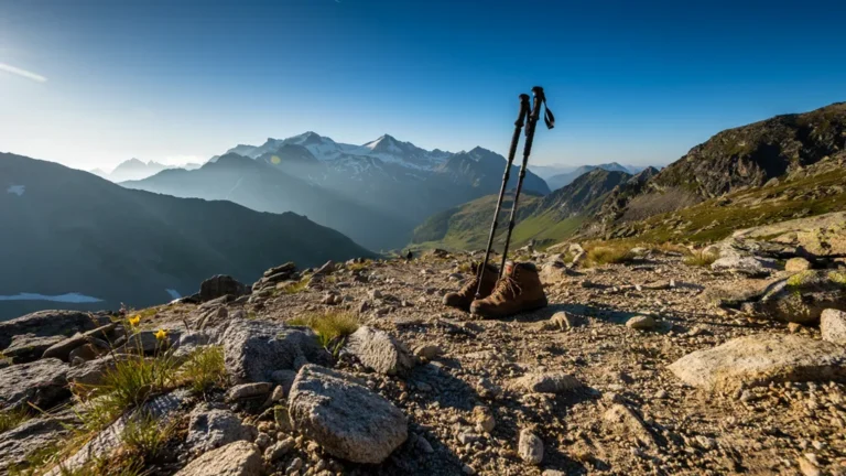 Trekking poles planted on a rocky alpine trail