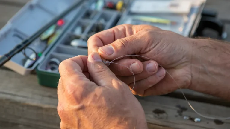 Hands tying a fishing knot onto a hook with line