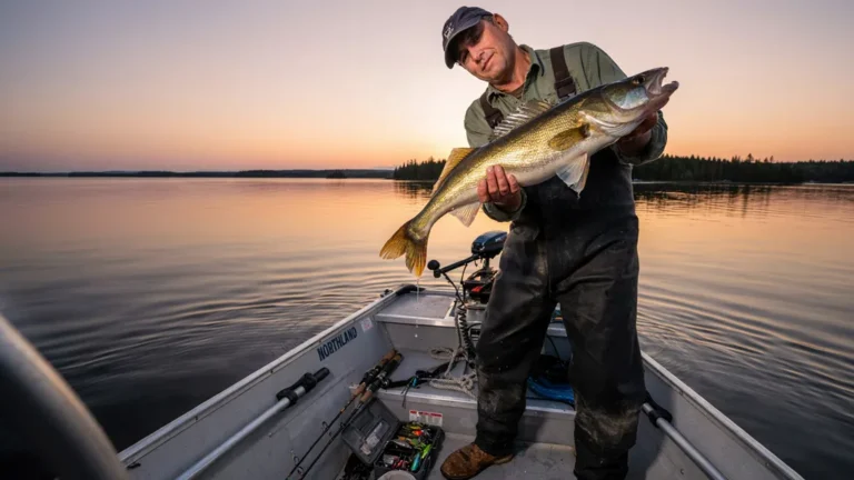 Angler holding a golden walleye at sunset on a northern lake