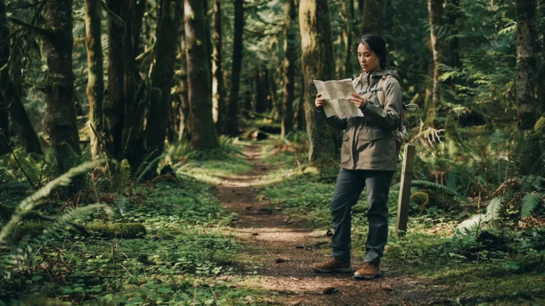 Lone hiker studying a map in a forest