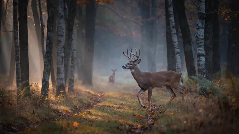 A whitetail deer buck in a misty autumn forest at dawn