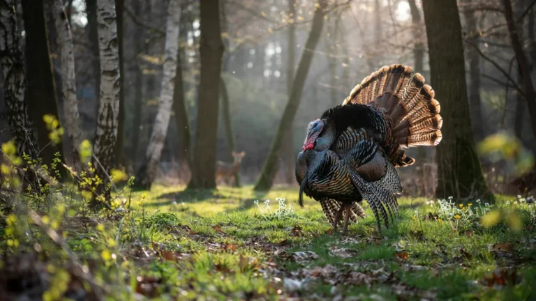 A wild tom turkey with fanned tail in a spring forest clearing