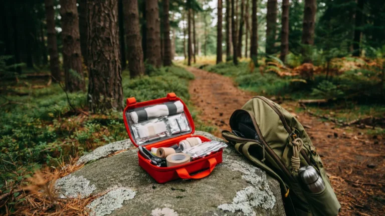 An open wilderness first-aid kit on a rock beside a hiking trail
