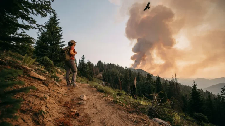 Wildfire smoke plume over a forested ridge seen from a trail