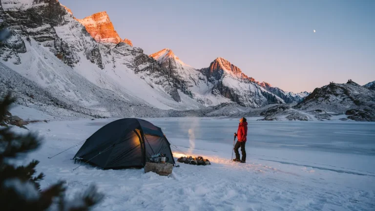 A snowy mountain campsite beside a frozen lake at alpenglow