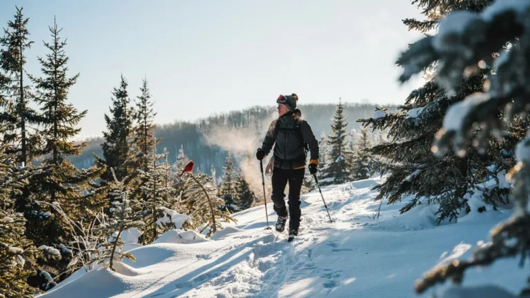 Hiker in layers ascending a snowy forest trail with poles