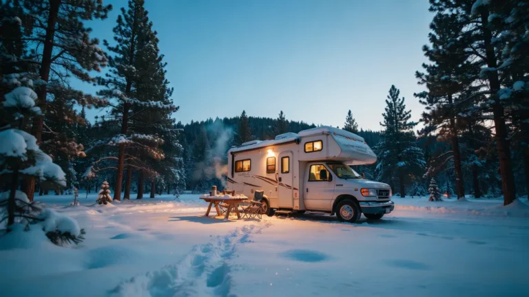 RV in a snowy campground at dusk with warm light glowing from the windows