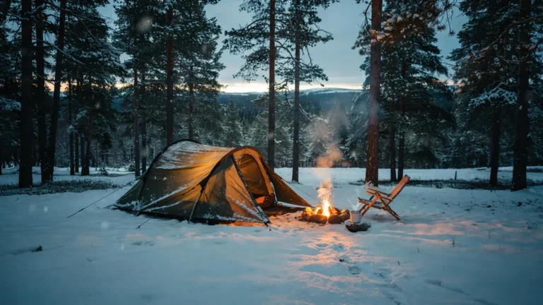 A winter tent glowing at dusk in a snowy pine forest