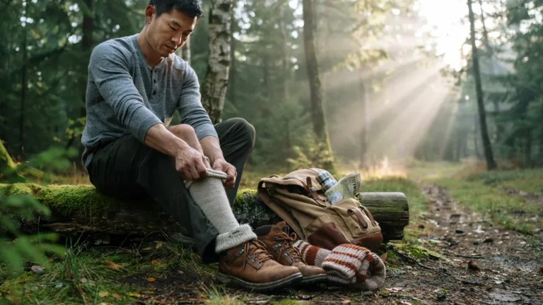Hiker pulling on wool hiking socks beside boots on a forest trail